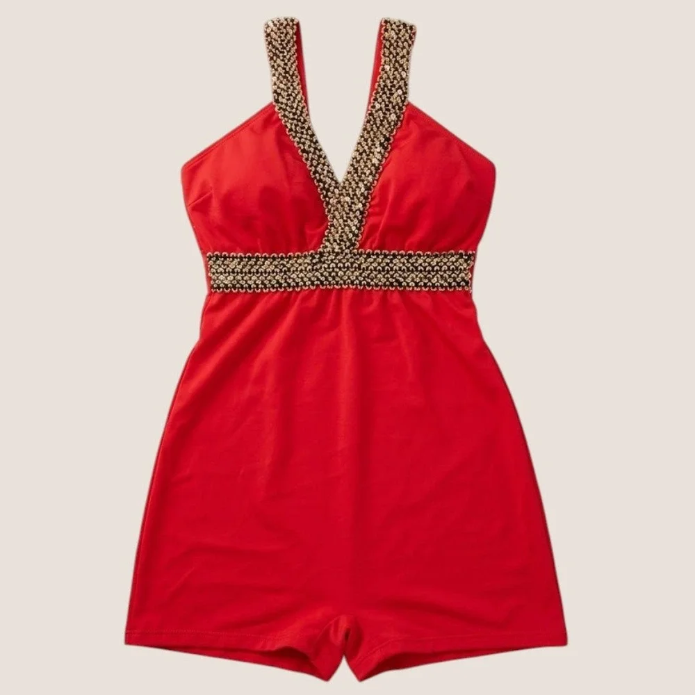 Pin Up Red One Piece Swimsuit Boy Short Cut Sequin Trim V-Neck Halter Medium